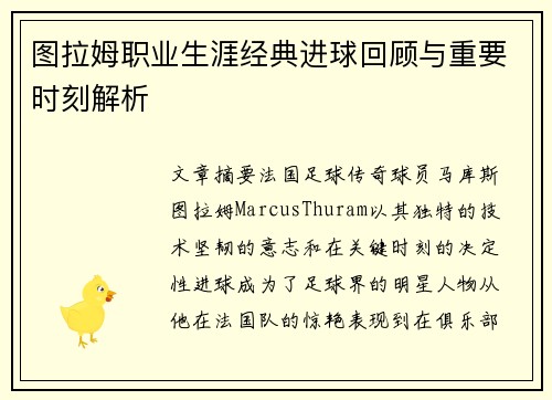 图拉姆职业生涯经典进球回顾与重要时刻解析