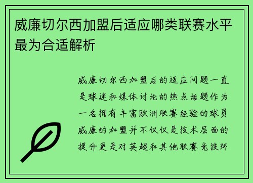 威廉切尔西加盟后适应哪类联赛水平最为合适解析 威廉切尔西加盟后适应哪类联赛水平最为合适解析