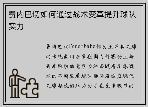 费内巴切如何通过战术变革提升球队实力