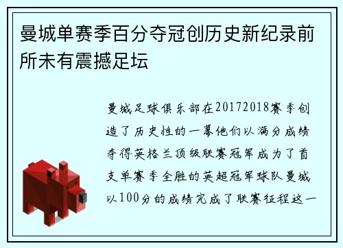 曼城单赛季百分夺冠创历史新纪录前所未有震撼足坛