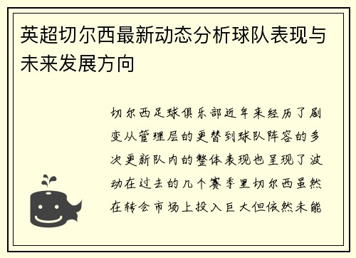 英超切尔西最新动态分析球队表现与未来发展方向