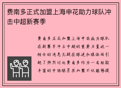 费南多正式加盟上海申花助力球队冲击中超新赛季